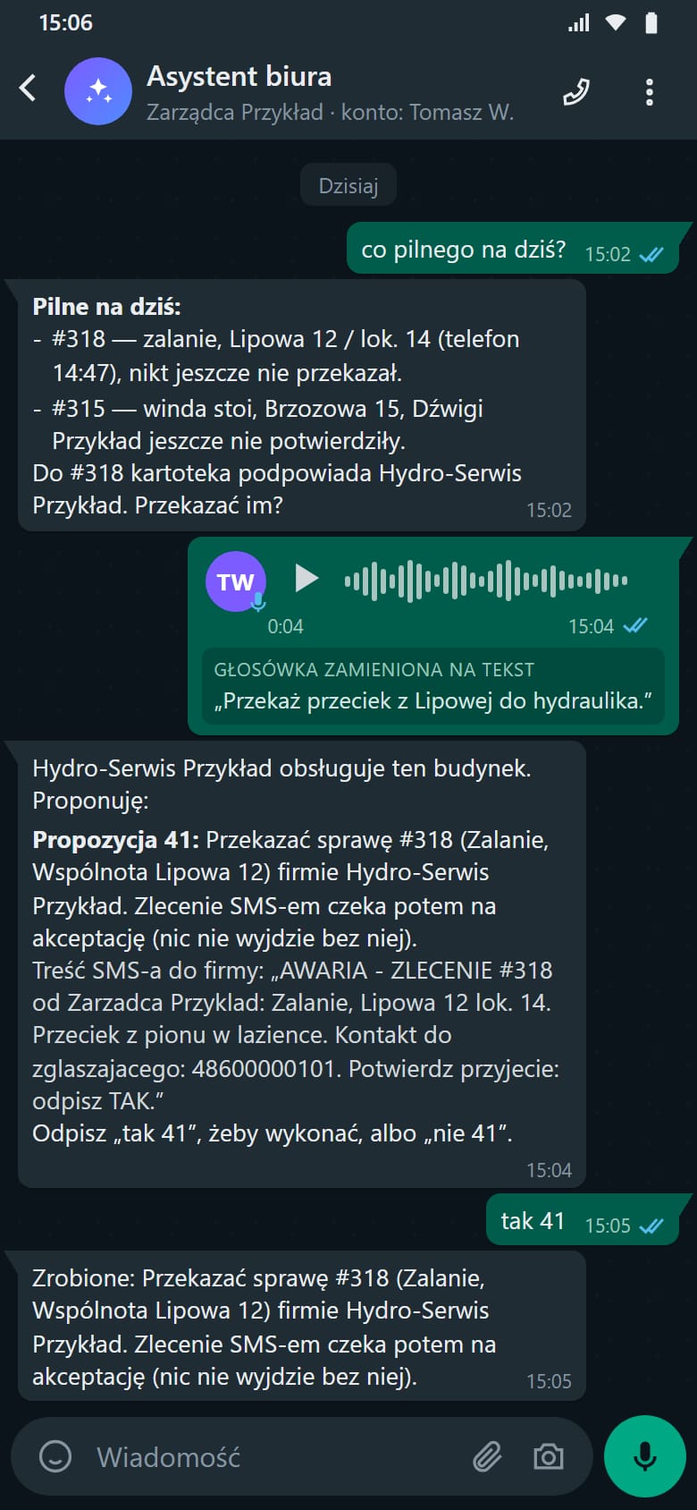 Rozmowa pracownika biura z asystentem AI na WhatsAppie: pytanie o pilne sprawy, lista zgłoszeń i propozycja przekazania sprawy wykonawcy